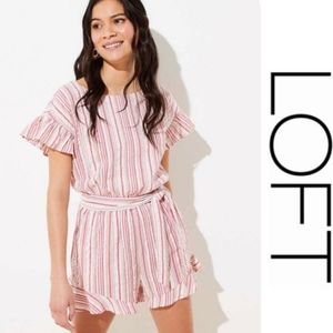 Loft L Large Red White Striped Romper Pockets Ruffle Sleeves Tie NWT Round Neck